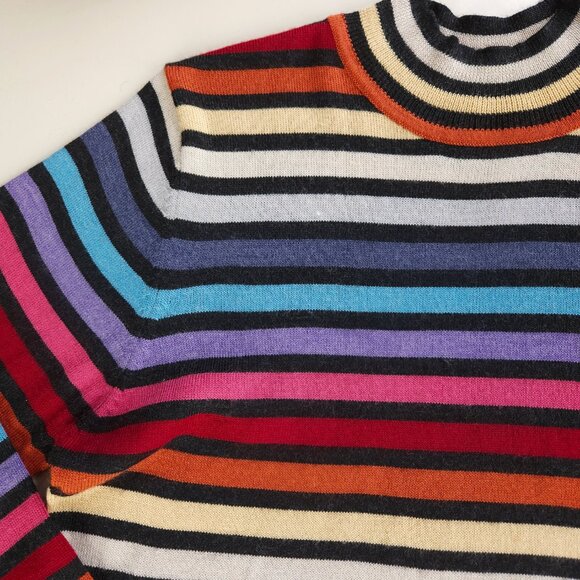 Vintage wool multicolor stripe mock neck fine knit sweater top long sleeve women - Picture 9 of 10